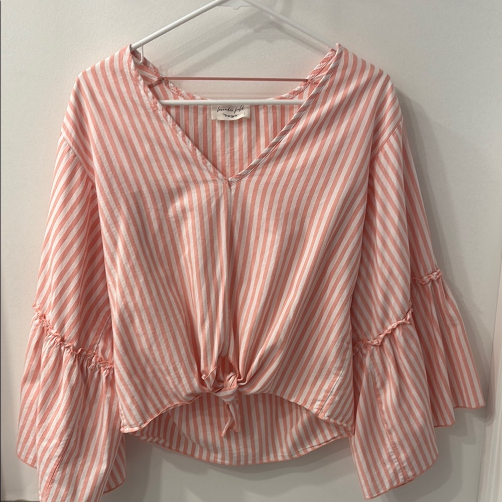 Lavender Field Coral Striped Bell Sleeves Top with tie front
